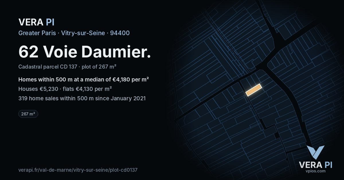 62 Voie Daumier, Vitry-sur-Seine at night – the plot lit, the parcels around coloured by the prices near them