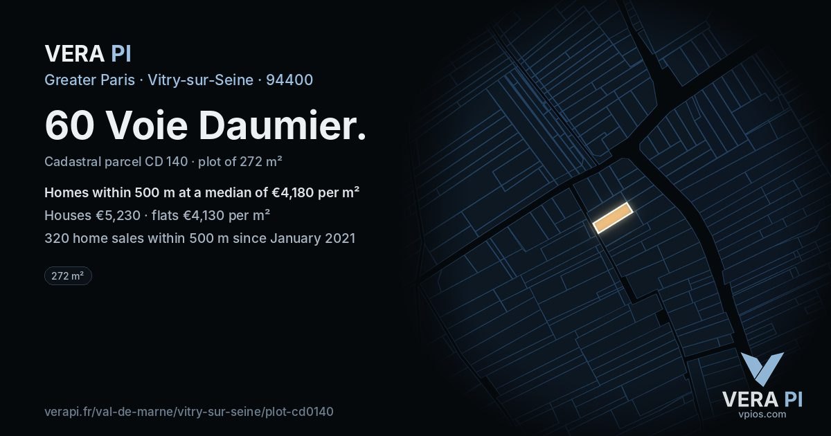 60 Voie Daumier, Vitry-sur-Seine at night – the plot lit, the parcels around coloured by the prices near them