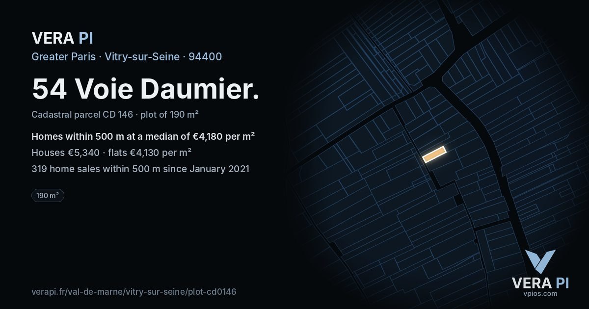 54 Voie Daumier, Vitry-sur-Seine at night – the plot lit, the parcels around coloured by the prices near them