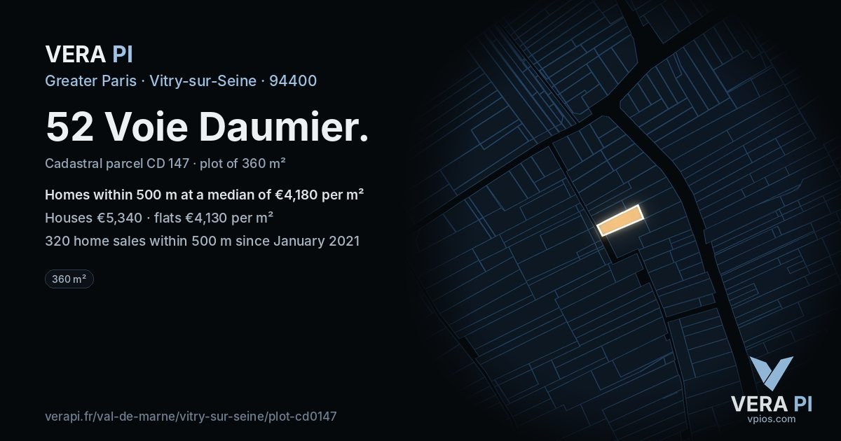 52 Voie Daumier, Vitry-sur-Seine at night – the plot lit, the parcels around coloured by the prices near them
