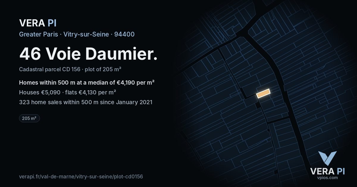 46 Voie Daumier, Vitry-sur-Seine at night – the plot lit, the parcels around coloured by the prices near them
