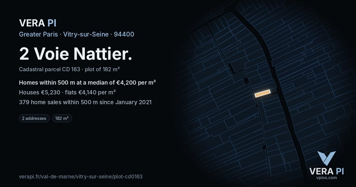 2 Voie Nattier, Vitry-sur-Seine at night – the plot lit, the parcels around coloured by the prices near them