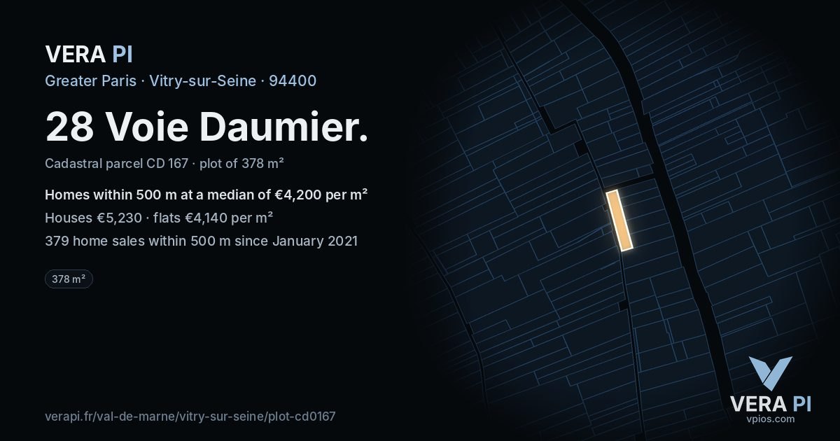 28 Voie Daumier, Vitry-sur-Seine at night – the plot lit, the parcels around coloured by the prices near them