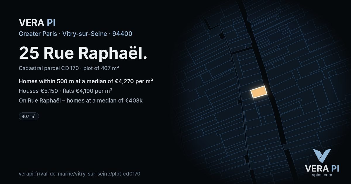 25 Rue Raphaël, Vitry-sur-Seine at night – the plot lit, the parcels around coloured by the prices near them