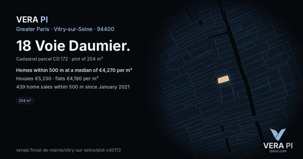 18 Voie Daumier, Vitry-sur-Seine at night – the plot lit, the parcels around coloured by the prices near them