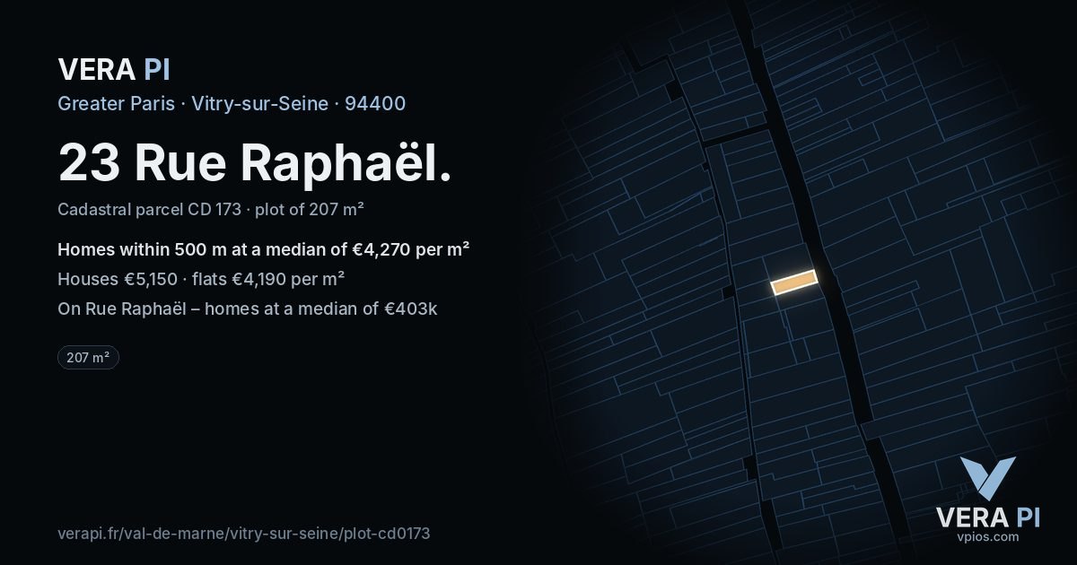 23 Rue Raphaël, Vitry-sur-Seine at night – the plot lit, the parcels around coloured by the prices near them