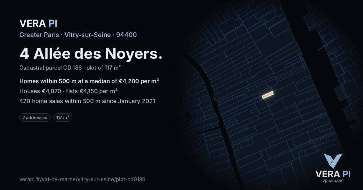 4 Allée des Noyers, Vitry-sur-Seine at night – the plot lit, the parcels around coloured by the prices near them