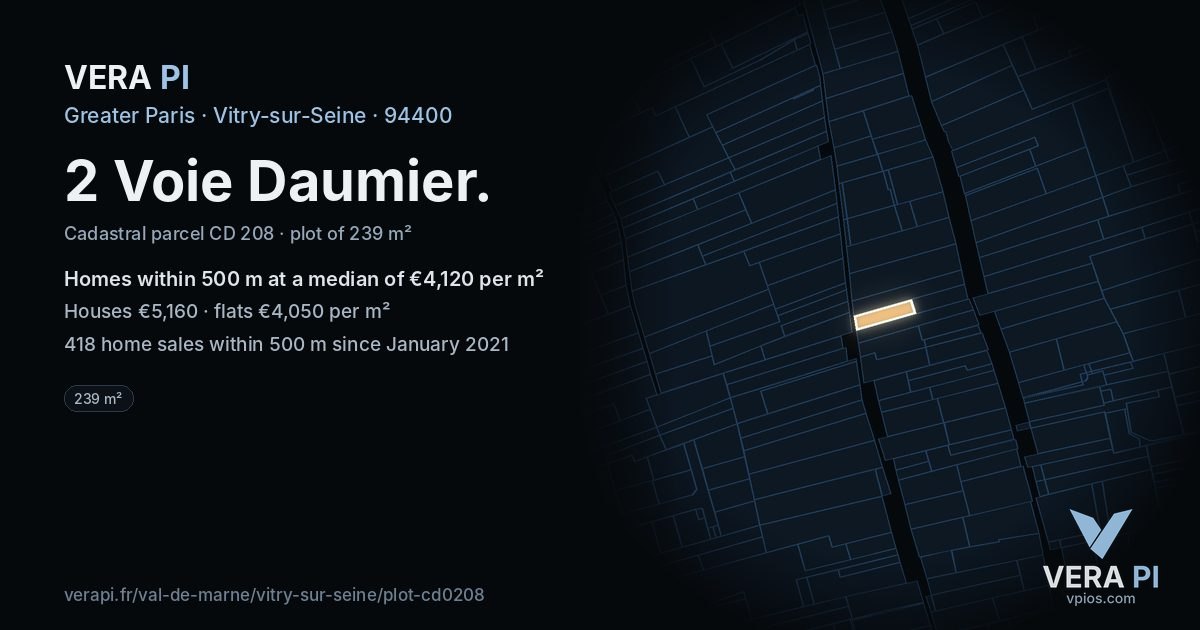 2 Voie Daumier, Vitry-sur-Seine at night – the plot lit, the parcels around coloured by the prices near them