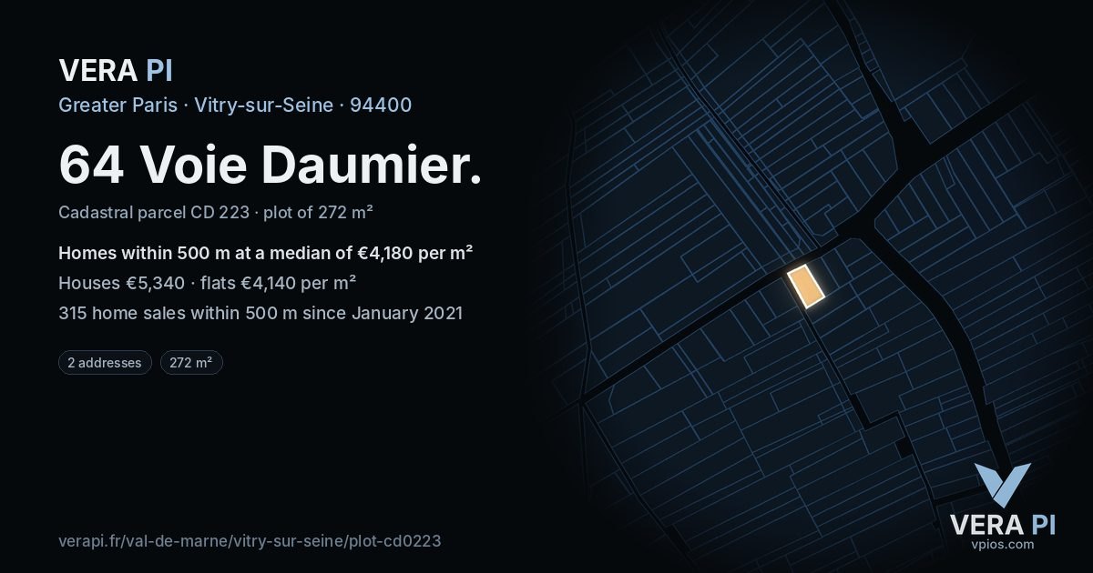 64 Voie Daumier, Vitry-sur-Seine at night – the plot lit, the parcels around coloured by the prices near them