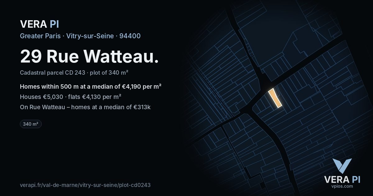 29 Rue Watteau, Vitry-sur-Seine at night – the plot lit, the parcels around coloured by the prices near them