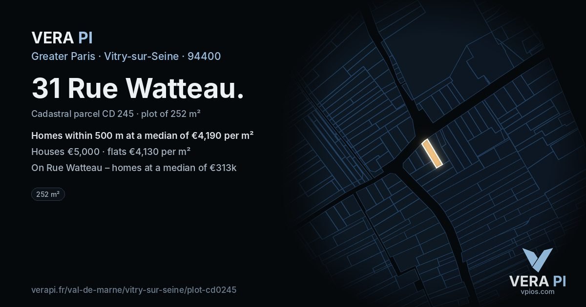 31 Rue Watteau, Vitry-sur-Seine at night – the plot lit, the parcels around coloured by the prices near them