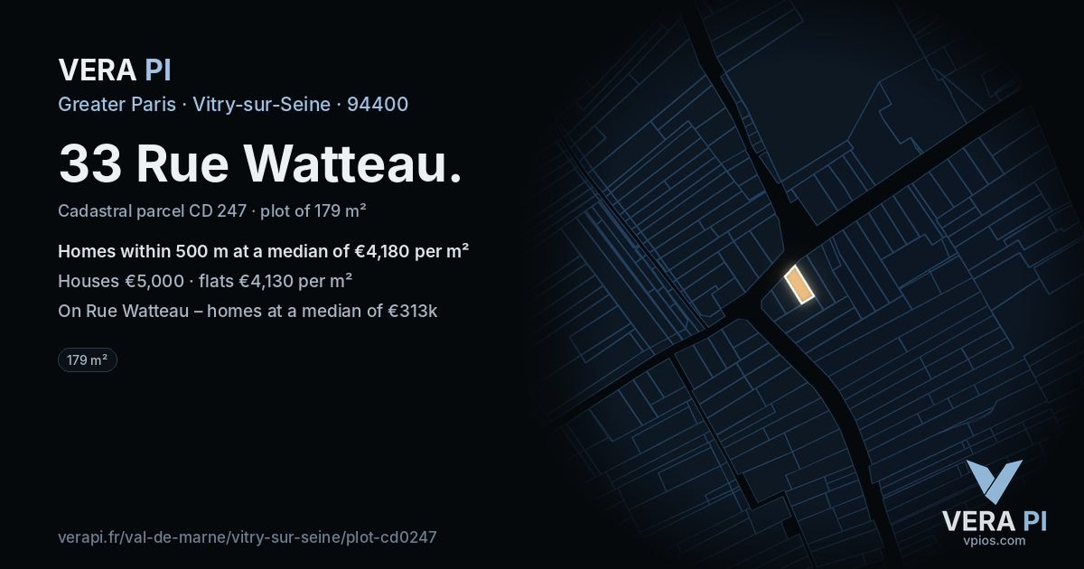 33 Rue Watteau, Vitry-sur-Seine at night – the plot lit, the parcels around coloured by the prices near them