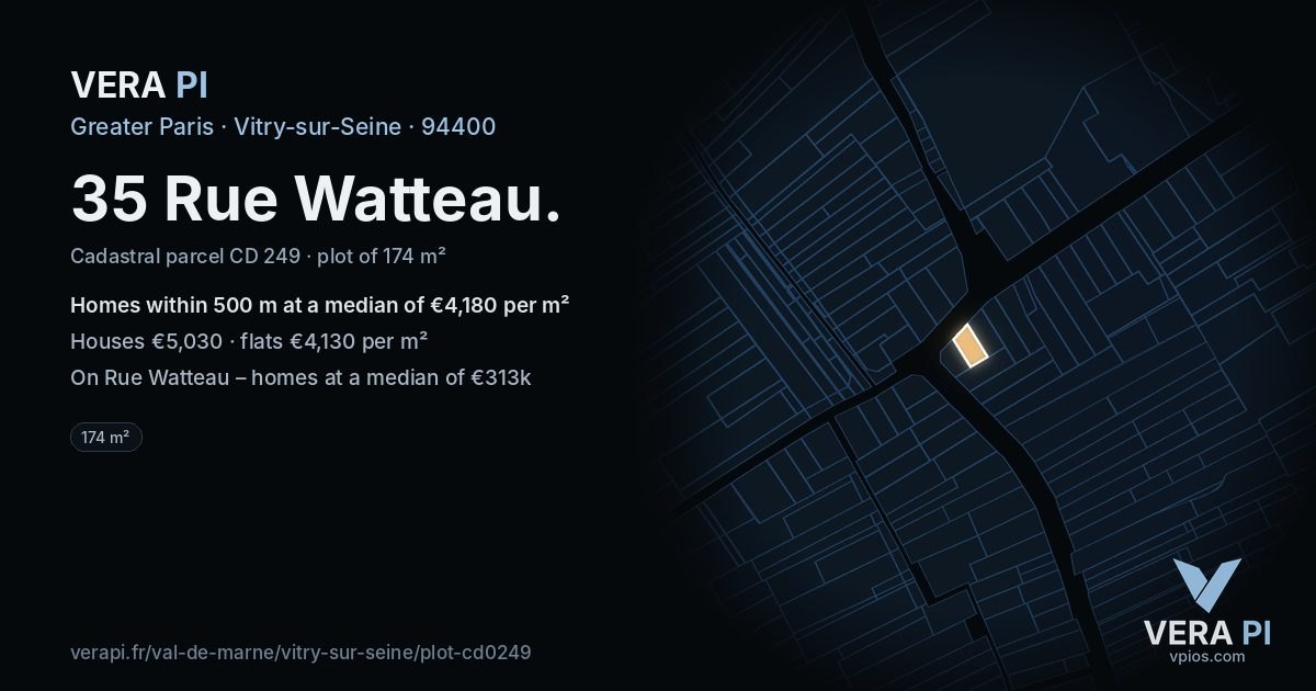 35 Rue Watteau, Vitry-sur-Seine at night – the plot lit, the parcels around coloured by the prices near them