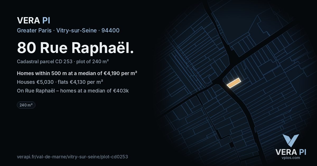 80 Rue Raphaël, Vitry-sur-Seine at night – the plot lit, the parcels around coloured by the prices near them