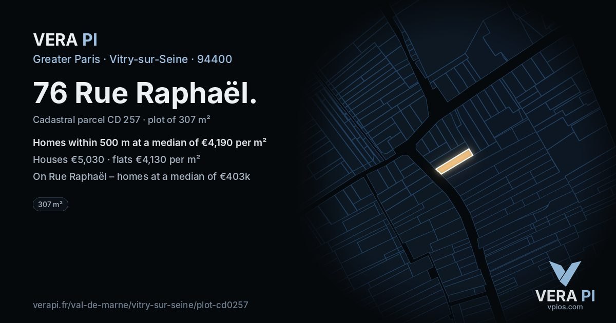 76 Rue Raphaël, Vitry-sur-Seine at night – the plot lit, the parcels around coloured by the prices near them