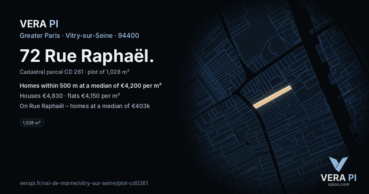 72 Rue Raphaël, Vitry-sur-Seine at night – the plot lit, the parcels around coloured by the prices near them