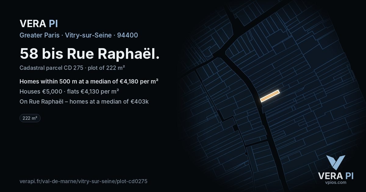 58 bis Rue Raphaël, Vitry-sur-Seine at night – the plot lit, the parcels around coloured by the prices near them