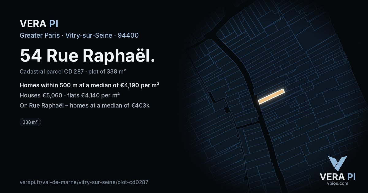 54 Rue Raphaël, Vitry-sur-Seine at night – the plot lit, the parcels around coloured by the prices near them