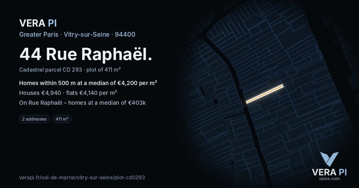 44 Rue Raphaël, Vitry-sur-Seine at night – the plot lit, the parcels around coloured by the prices near them