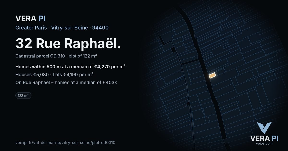 32 Rue Raphaël, Vitry-sur-Seine at night – the plot lit, the parcels around coloured by the prices near them