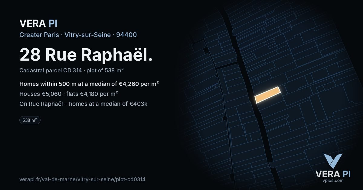 28 Rue Raphaël, Vitry-sur-Seine at night – the plot lit, the parcels around coloured by the prices near them