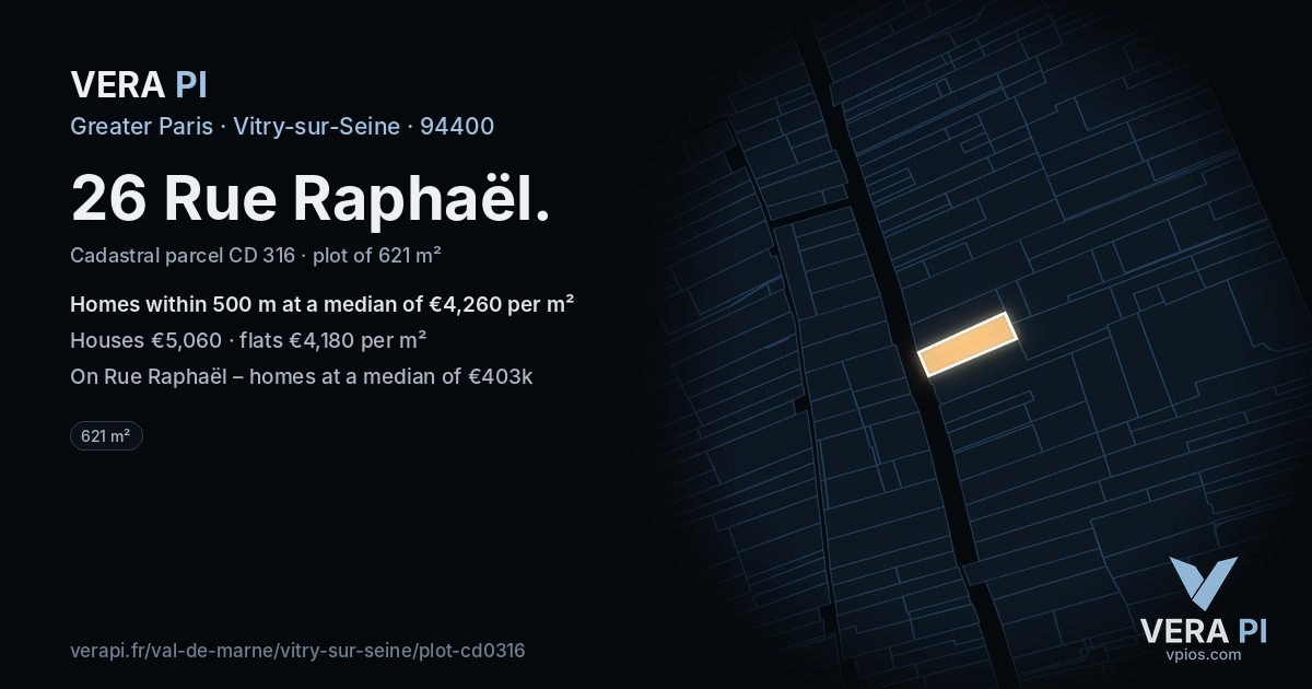 26 Rue Raphaël, Vitry-sur-Seine at night – the plot lit, the parcels around coloured by the prices near them