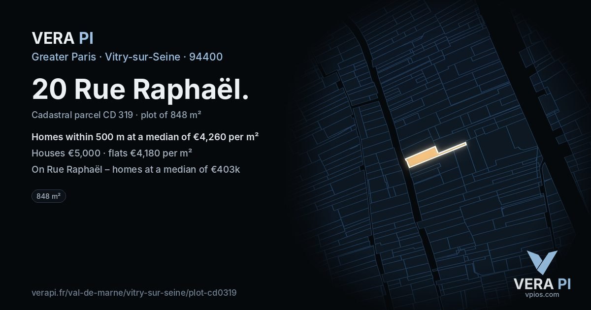 20 Rue Raphaël, Vitry-sur-Seine at night – the plot lit, the parcels around coloured by the prices near them