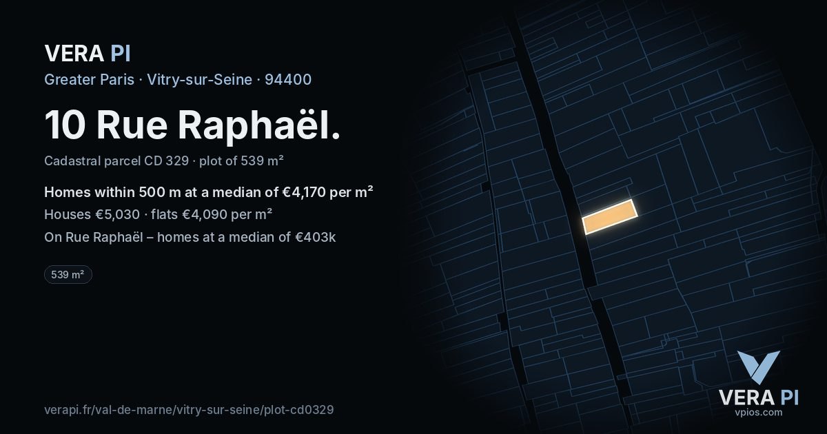 10 Rue Raphaël, Vitry-sur-Seine at night – the plot lit, the parcels around coloured by the prices near them