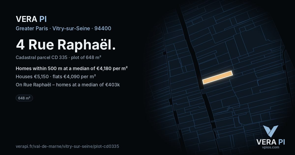 4 Rue Raphaël, Vitry-sur-Seine at night – the plot lit, the parcels around coloured by the prices near them