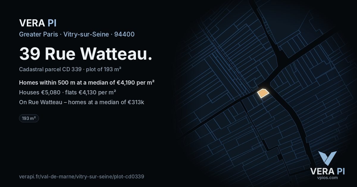39 Rue Watteau, Vitry-sur-Seine at night – the plot lit, the parcels around coloured by the prices near them
