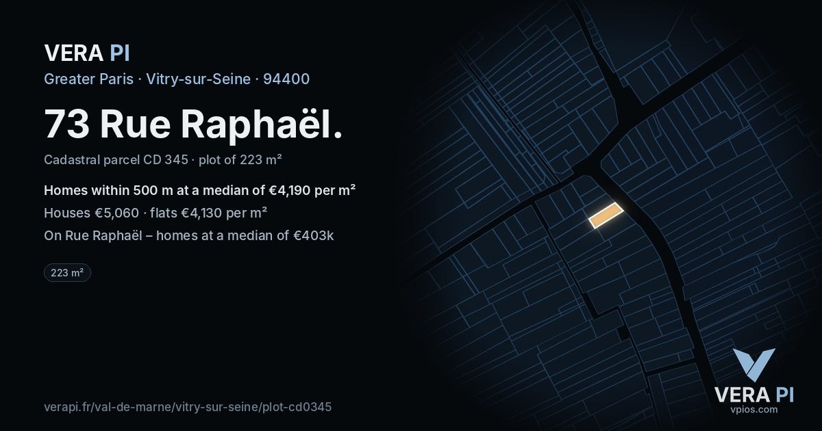 73 Rue Raphaël, Vitry-sur-Seine at night – the plot lit, the parcels around coloured by the prices near them
