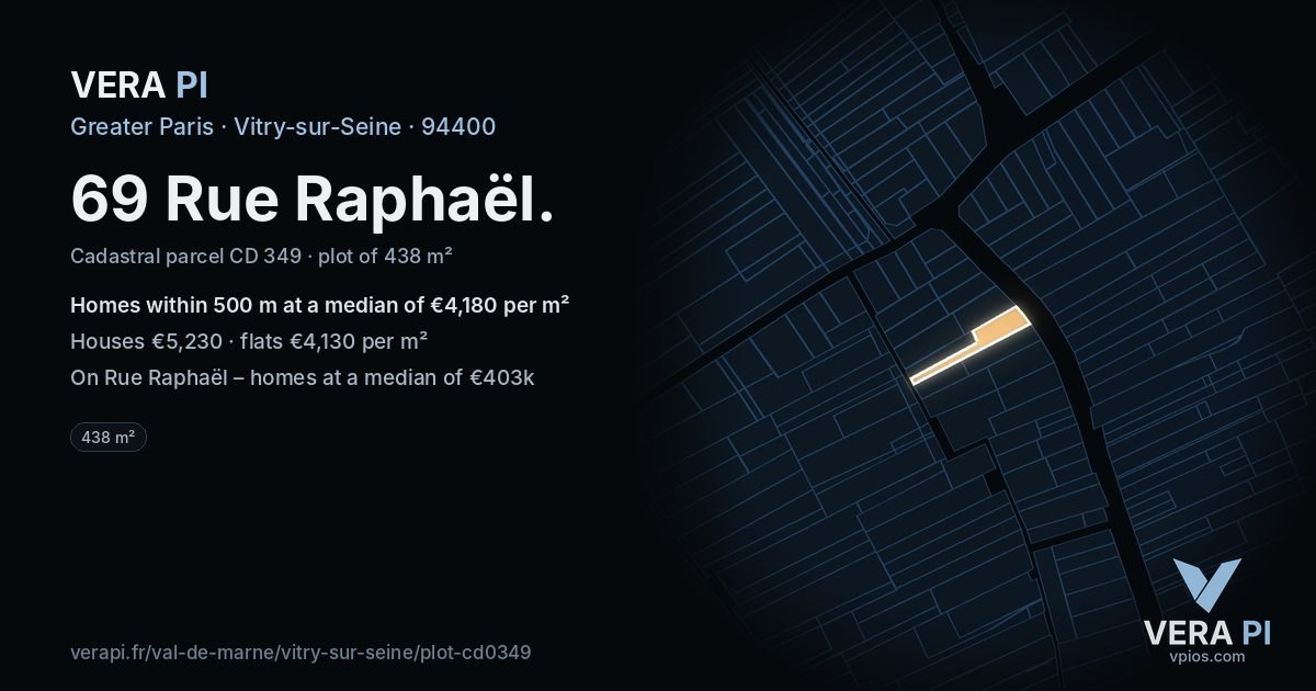69 Rue Raphaël, Vitry-sur-Seine at night – the plot lit, the parcels around coloured by the prices near them