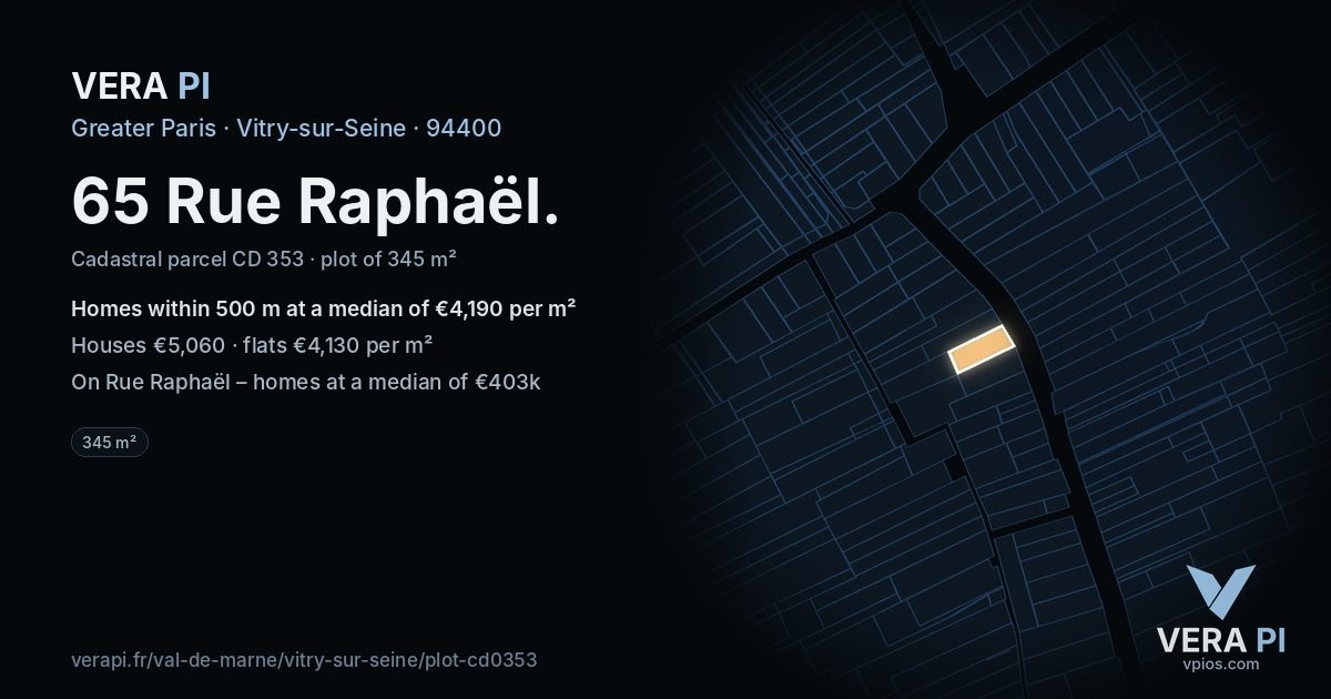 65 Rue Raphaël, Vitry-sur-Seine at night – the plot lit, the parcels around coloured by the prices near them
