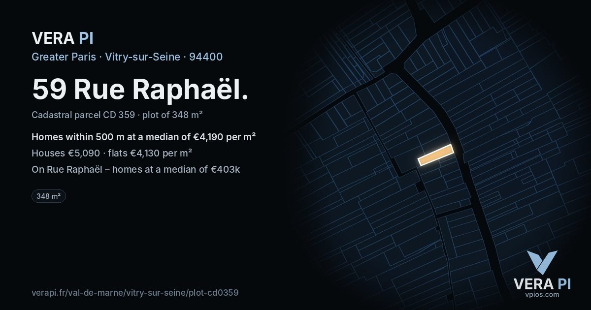 59 Rue Raphaël, Vitry-sur-Seine at night – the plot lit, the parcels around coloured by the prices near them