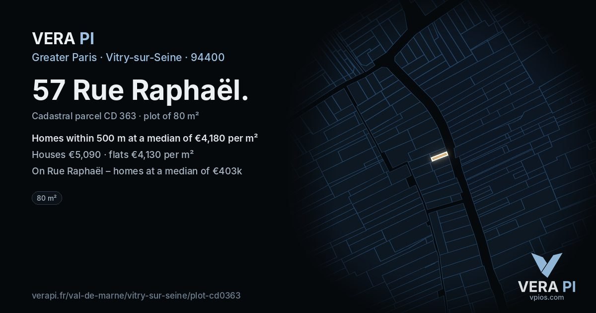 57 Rue Raphaël, Vitry-sur-Seine at night – the plot lit, the parcels around coloured by the prices near them