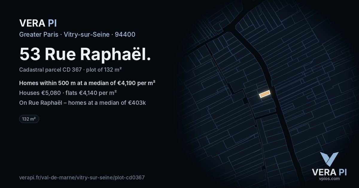 53 Rue Raphaël, Vitry-sur-Seine at night – the plot lit, the parcels around coloured by the prices near them