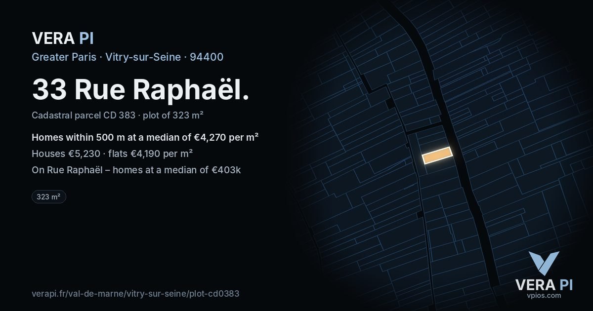 33 Rue Raphaël, Vitry-sur-Seine at night – the plot lit, the parcels around coloured by the prices near them