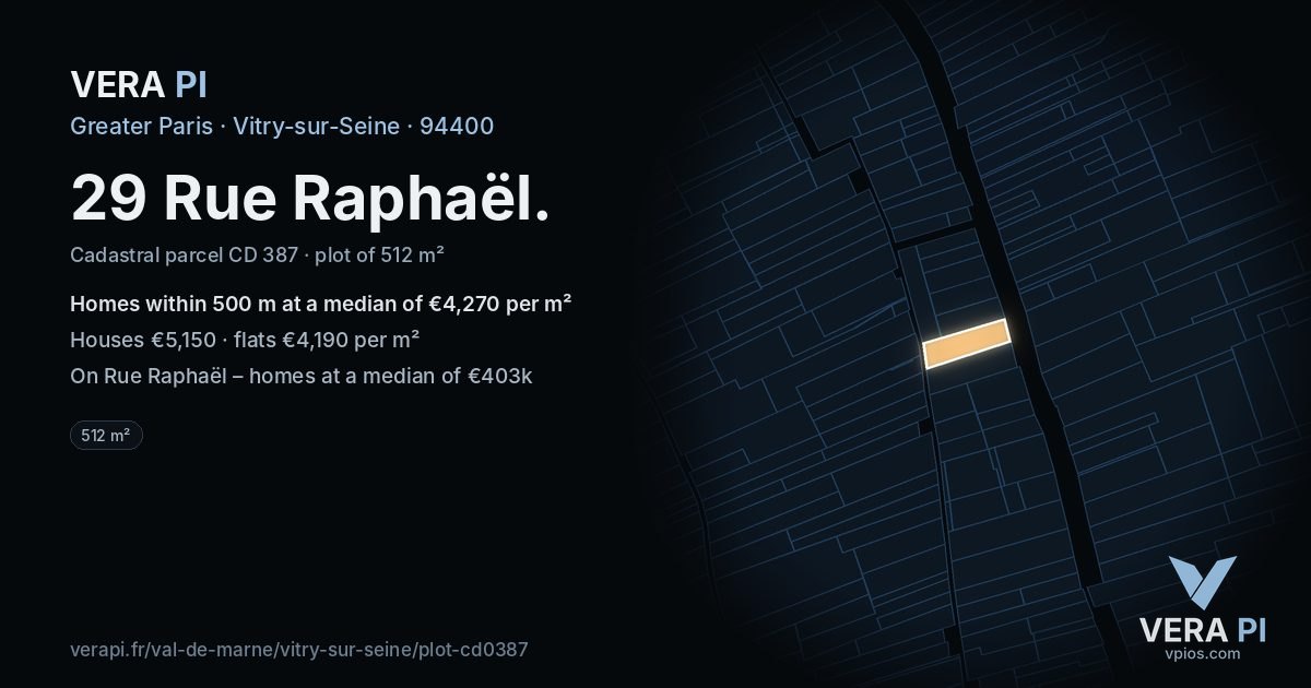 29 Rue Raphaël, Vitry-sur-Seine at night – the plot lit, the parcels around coloured by the prices near them