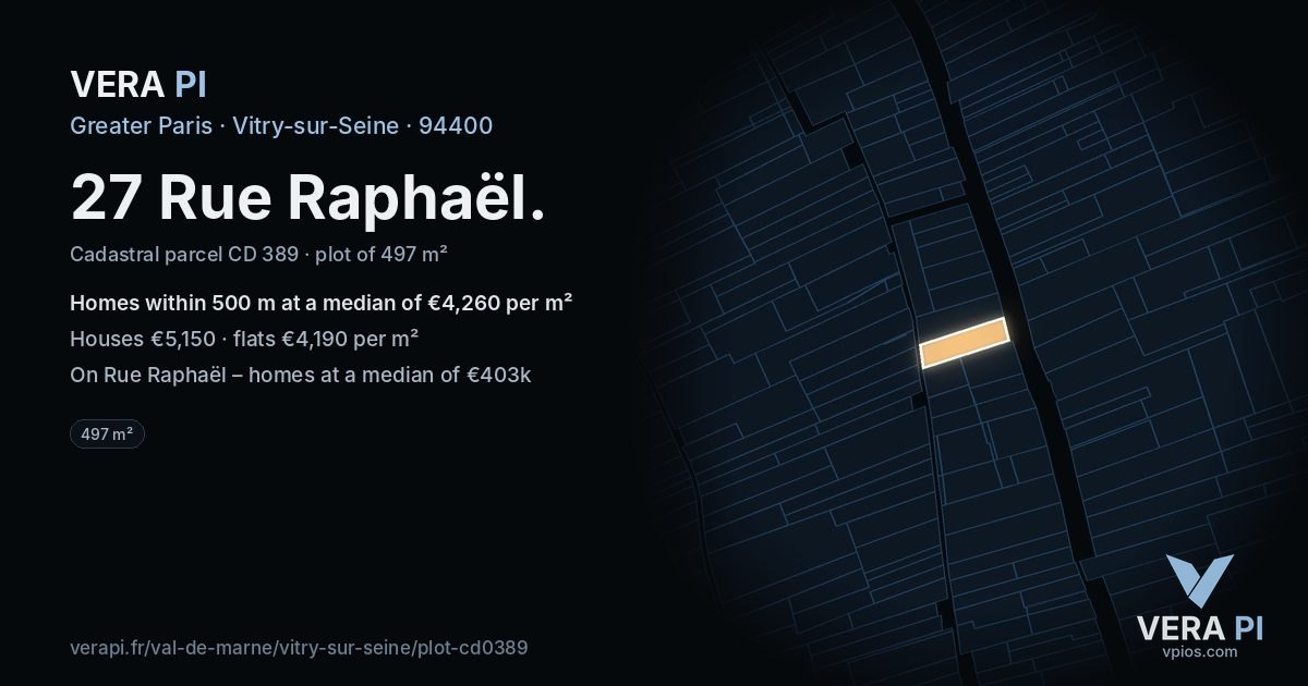 27 Rue Raphaël, Vitry-sur-Seine at night – the plot lit, the parcels around coloured by the prices near them