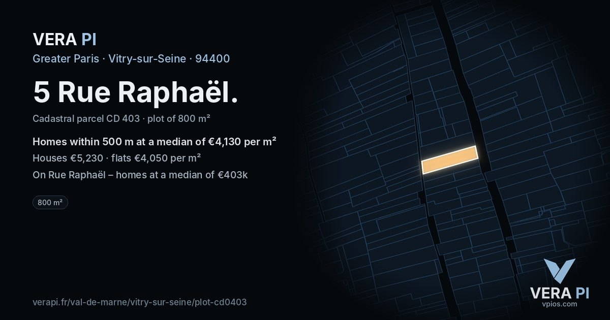 5 Rue Raphaël, Vitry-sur-Seine at night – the plot lit, the parcels around coloured by the prices near them