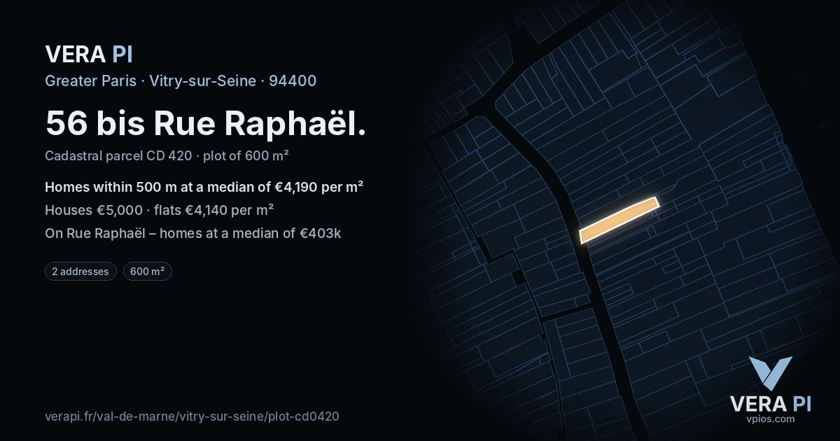 56 bis Rue Raphaël, Vitry-sur-Seine at night – the plot lit, the parcels around coloured by the prices near them