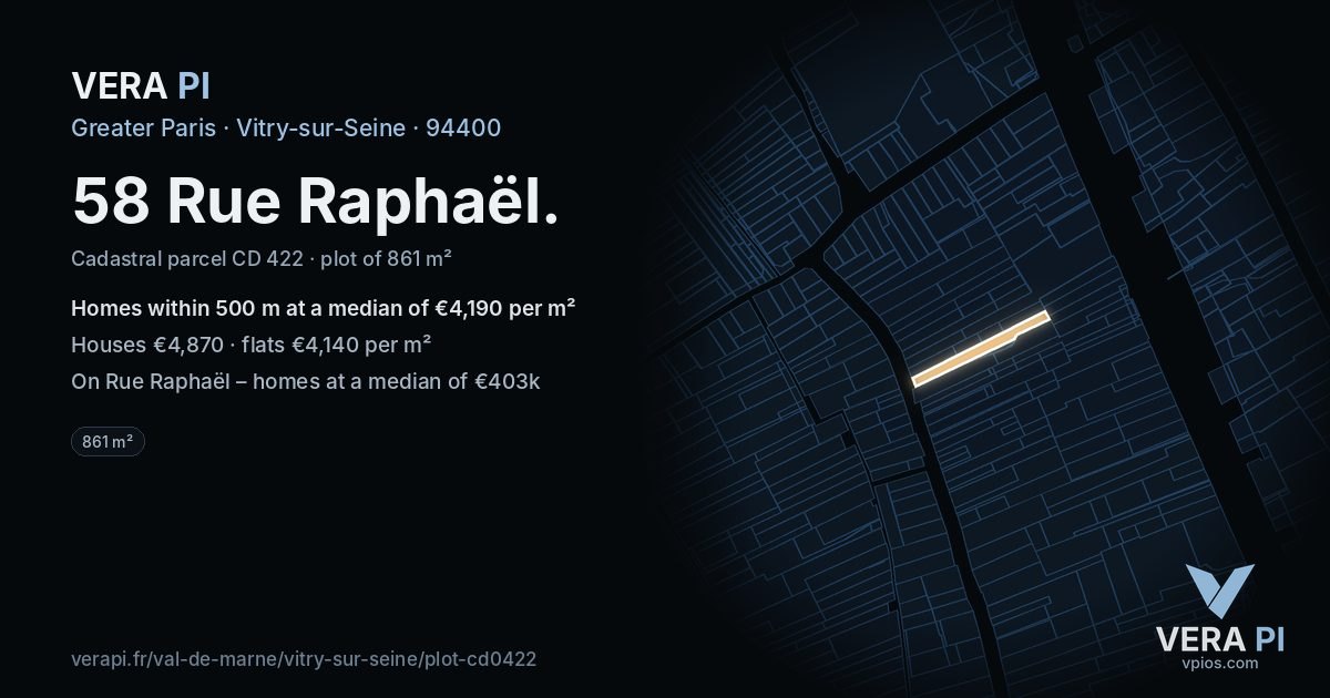 58 Rue Raphaël, Vitry-sur-Seine at night – the plot lit, the parcels around coloured by the prices near them