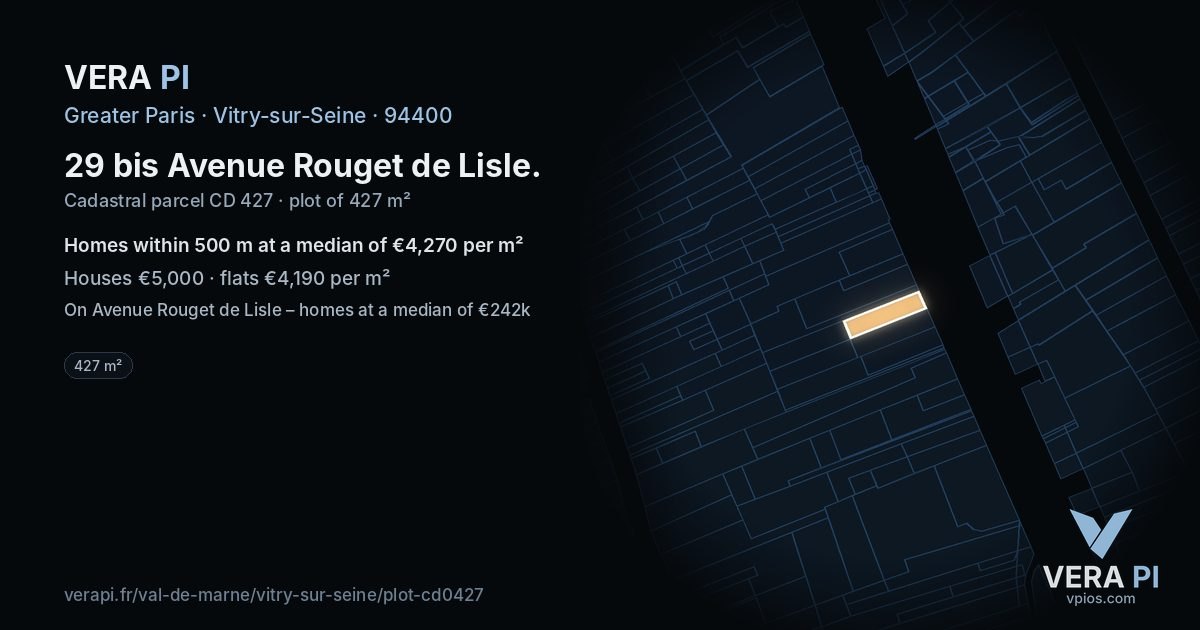 29 bis Avenue Rouget de Lisle, Vitry-sur-Seine at night – the plot lit, the parcels around coloured by the prices near them
