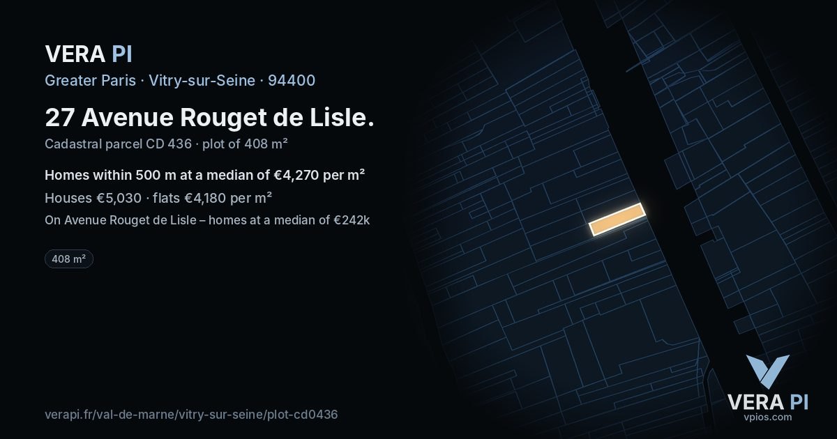 27 Avenue Rouget de Lisle, Vitry-sur-Seine at night – the plot lit, the parcels around coloured by the prices near them