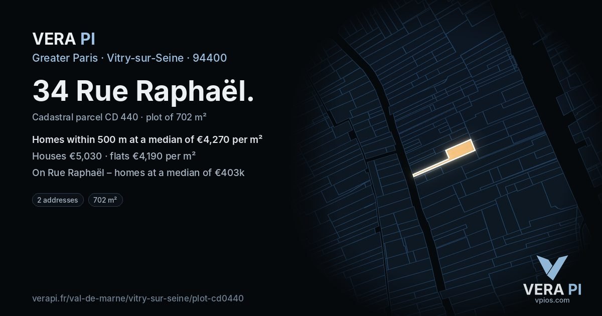 34 Rue Raphaël, Vitry-sur-Seine at night – the plot lit, the parcels around coloured by the prices near them