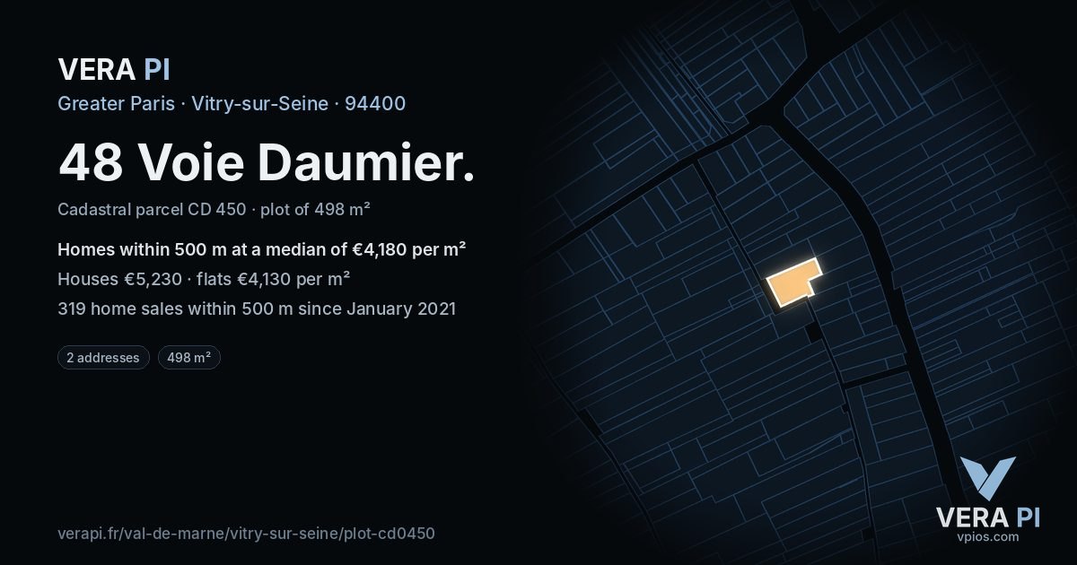 48 Voie Daumier, Vitry-sur-Seine at night – the plot lit, the parcels around coloured by the prices near them