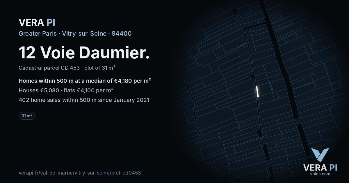 12 Voie Daumier, Vitry-sur-Seine at night – the plot lit, the parcels around coloured by the prices near them
