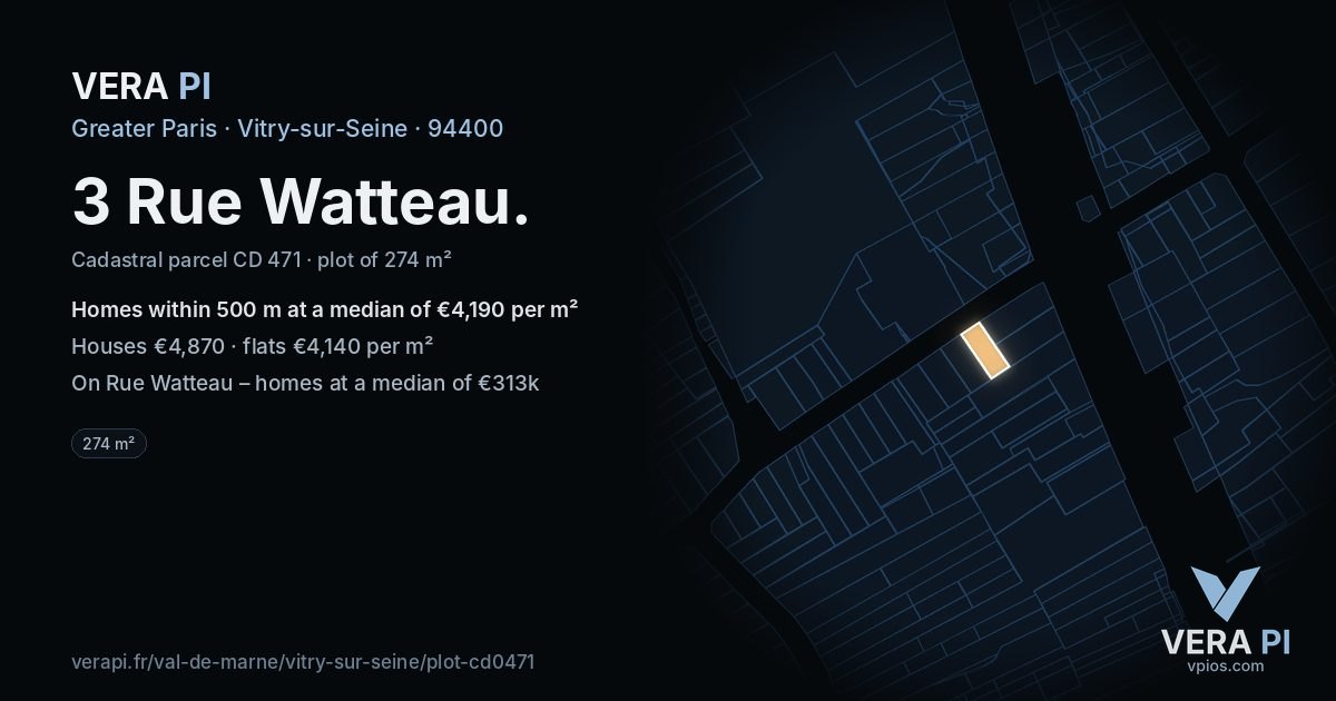 3 Rue Watteau, Vitry-sur-Seine at night – the plot lit, the parcels around coloured by the prices near them