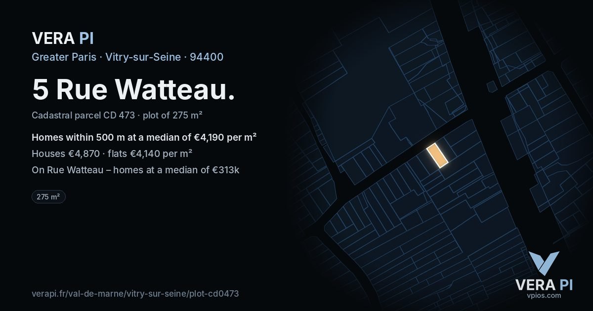 5 Rue Watteau, Vitry-sur-Seine at night – the plot lit, the parcels around coloured by the prices near them