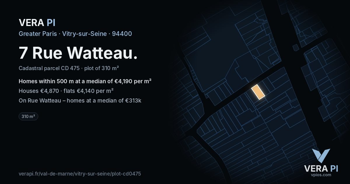 7 Rue Watteau, Vitry-sur-Seine at night – the plot lit, the parcels around coloured by the prices near them